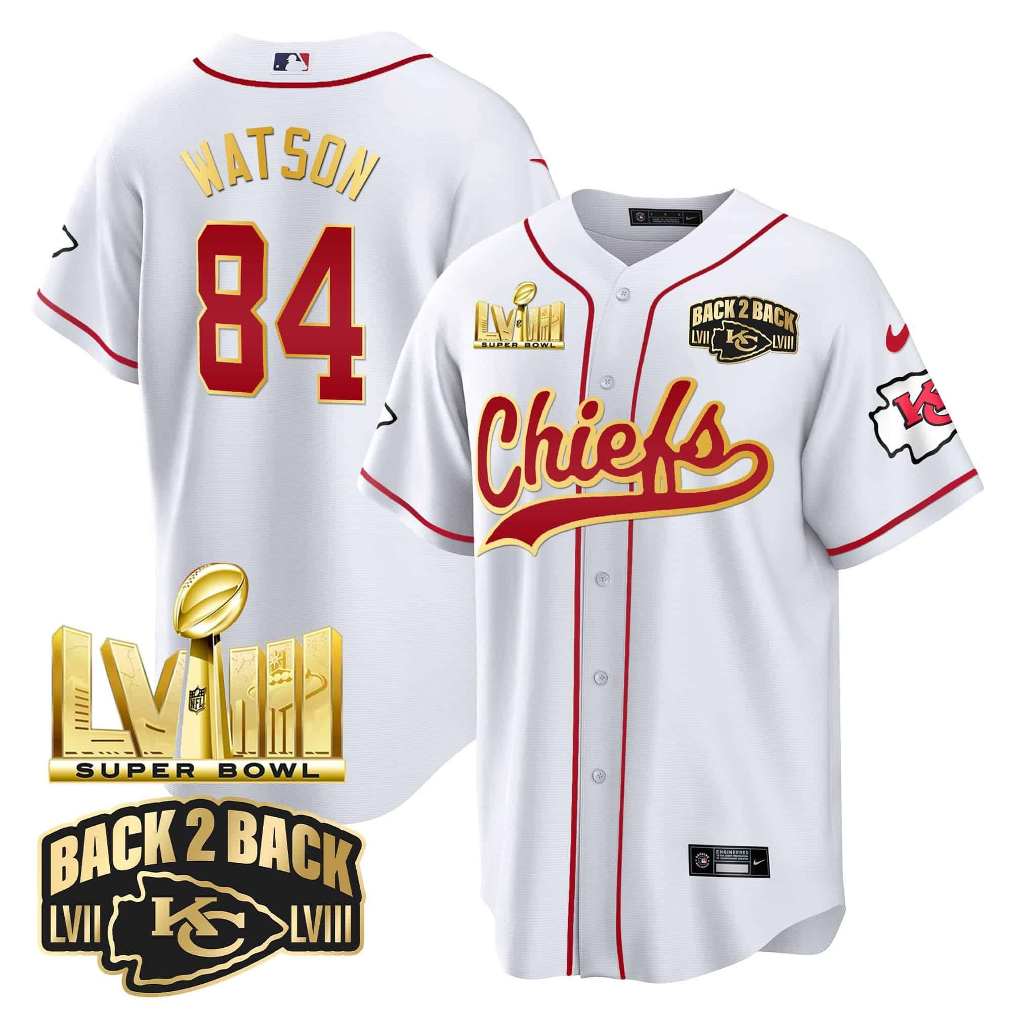 Men Kansas City Chiefs 84 Watson White 2024 Nike Super Bowl LVIII Back 2 Back Gold Patch Baseball NFL Jersey